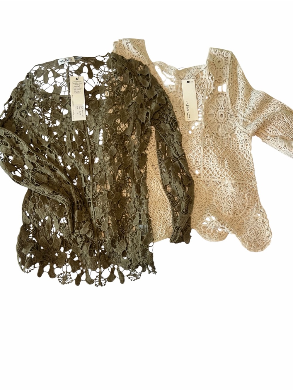 Olive and cream crochet tops